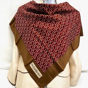 Authentic Scarf YVES SAINT LAURENT 100%  Silk 30" Brown Burgendy Black Design(28